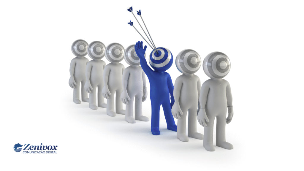 Ilustração com figuras humanas em fila com alvos no lugar da cabeça; uma figura azul se destaca por ter flechas cravadas no centro do alvo, simbolizando o acerto estratégico no entendimento dos clientes.