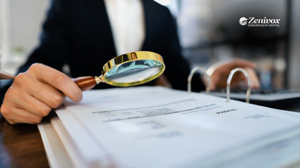 Pessoa com roupa social segura uma lupa dourada sobre um documento fiscal, analisando detalhes de uma fatura ou contrato impresso. A lupa simboliza a análise minuciosa de tributos ou mudanças nas regras. No canto superior direito, está o logotipo da Zenivox Comunicação Digital.