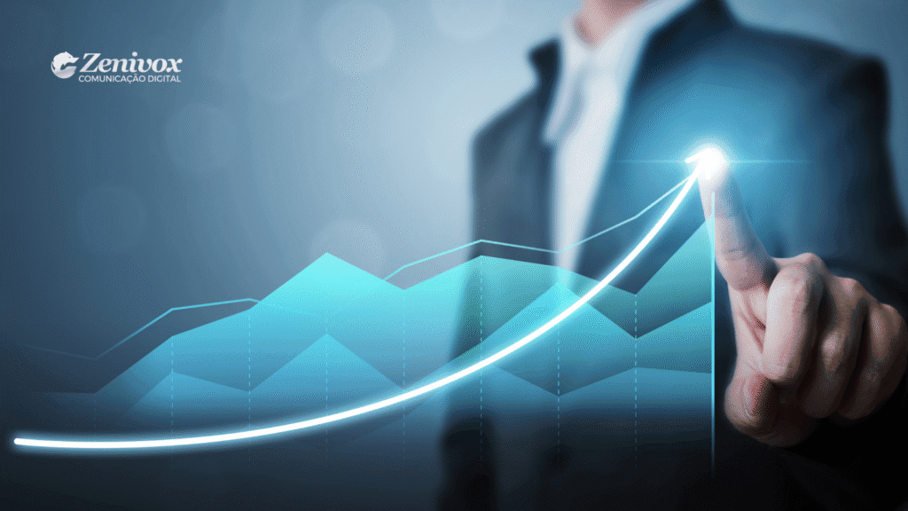 Imagem com gráfico de crescimento em destaque, onde uma pessoa em traje profissional toca o ponto mais alto da curva ascendente, simbolizando a escalada nas vendas. A marca Zenivox Comunicação Digital aparece no canto superior esquerdo.