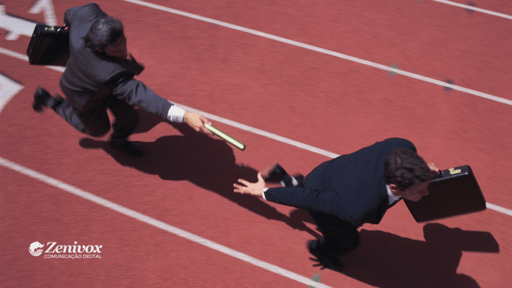 Dois executivos de terno e gravata correndo em uma pista de atletismo, um passando o bastão para o outro, simbolizando transição, continuidade e agilidade estratégica. Ambos carregam pastas executivas, remetendo ao universo corporativo e ao dinamismo de um plano de marketing bem executado.