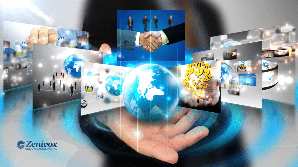Montagem futurista com mão aberta segurando um holograma do globo terrestre, cercado por imagens flutuantes que representam negócios, conexões humanas, redes globais, tecnologia e crescimento financeiro. Há ícones de pessoas conectadas, gráficos de performance, apertos de mão, moedas e símbolos de dólar, representando uma Base de Clientes bem montada. No canto inferior esquerdo, logotipo da Zenivox Comunicação Digital.