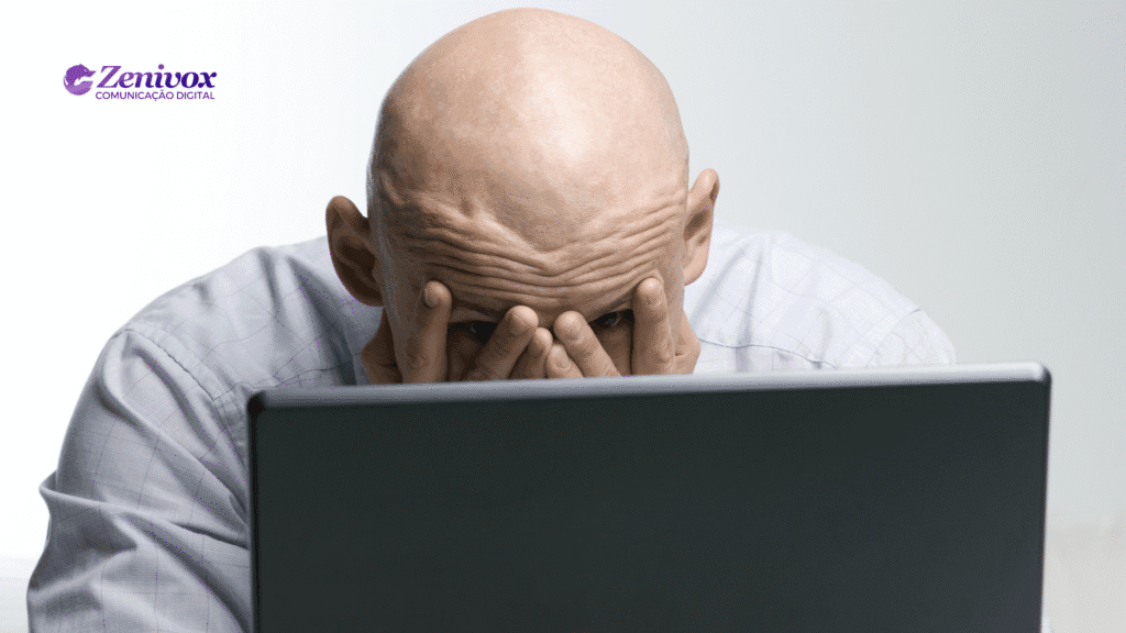 Homem calvo em camisa social branca olhando para um notebook com expressão de desespero, cobrindo parcialmente o rosto com as mãos. A imagem transmite tensão, estresse e frustração, ilustrando o impacto emocional das crises internas no ambiente corporativo, precisando de gestão de crise. Logotipo da Zenivox Comunicação Digital aparece no canto superior esquerdo.