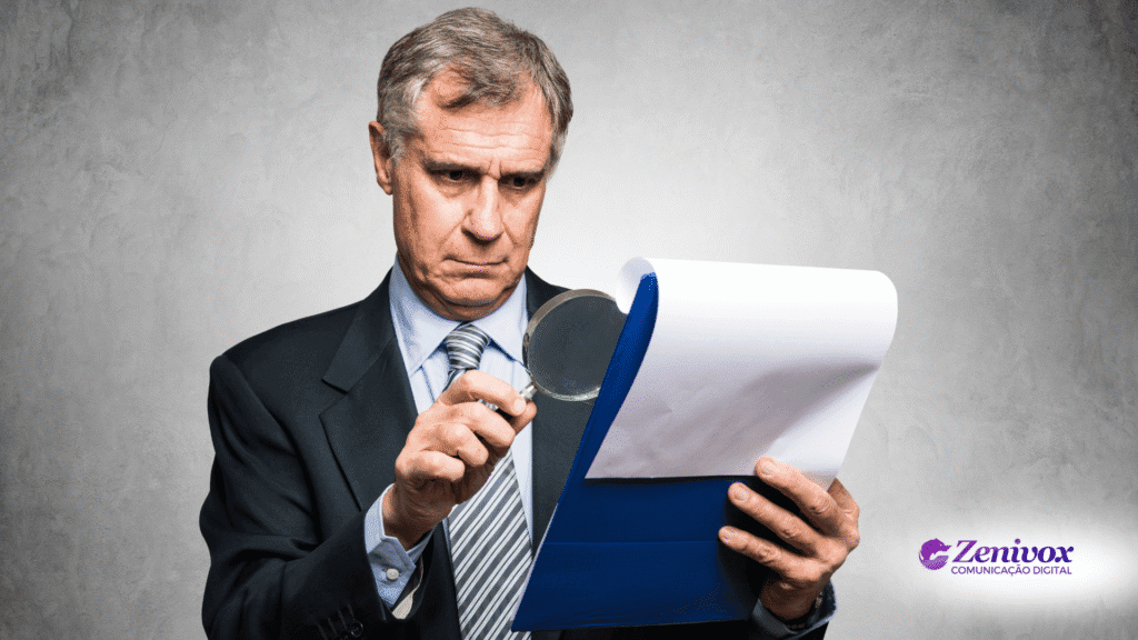 Homem mais velho de terno escuro segurando uma lupa e analisando atentamente documentos em uma prancheta azul. A expressão é séria e concentrada, representando a etapa de diagnóstico e avaliação da crise dentro de uma organização. O logotipo da Zenivox Comunicação Digital aparece no canto inferior direito da imagem.