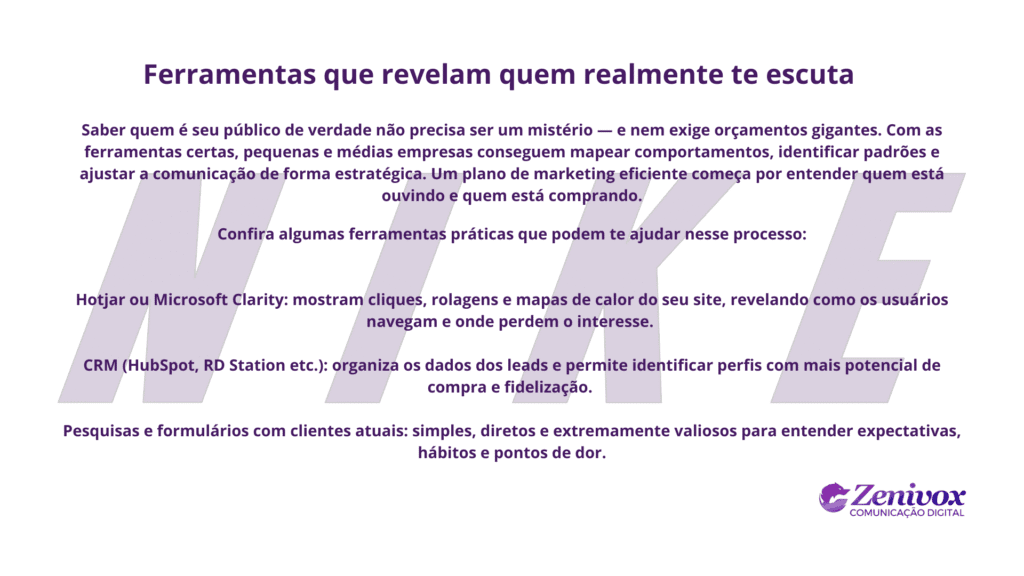Imagem com o título “Ferramentas que revelam quem realmente te escuta”, explicando como empresas podem usar ferramentas digitais para identificar seu público real e entender seus comportamentos. São apresentadas ferramentas como Hotjar, Microsoft Clarity, CRMs como RD Station e pesquisas com clientes.
