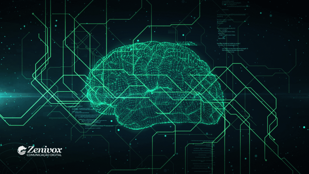 Representação digital futurista de um cérebro feito com pontos de luz e linhas de conexão, simbolizando inteligência artificial como ferramentas de marketing. Elementos gráficos e códigos flutuam ao redor, sugerindo o mapeamento da mente e desejos humanos. Estética tecnológica em tons de verde neon e fundo espacial. Logotipo da Zenivox no canto inferior esquerdo.