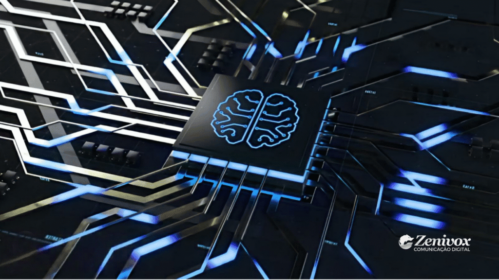 Processador futurista com símbolo de cérebro eletrônico no centro, cercado por circuitos iluminados em azul. Representa inteligência artificial e a capacidade de memória seletiva programada. Estilo tecnológico com acabamento metálico e fundo escuro. Logotipo da Zenivox no canto inferior direito.