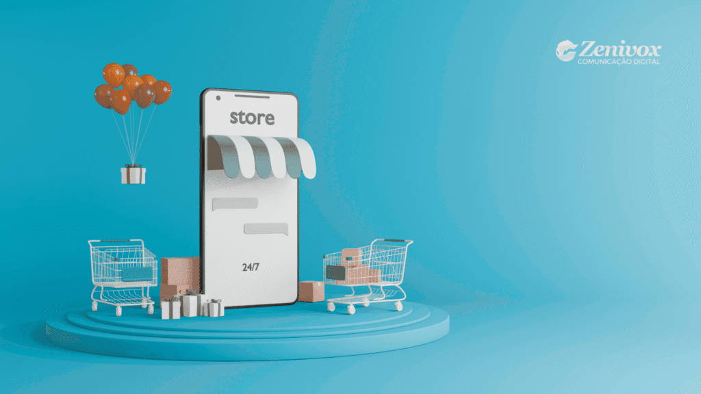 Representação 3D de um smartphone com fachada de loja, simbolizando um e-commerce. O telefone está em destaque sobre um pedestal azul, com carrinhos de compras, caixas de encomenda e balões com presentes ao redor, mostrando como criar uma loja virtual. Ao fundo, o logotipo da Zenivox Comunicação Digital aparece no canto superior direito.