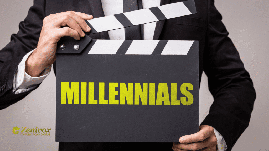 Homem segurando uma claquete de cinema com a palavra "MILLENNIALS" em destaque, simbolizando a análise do comportamento de consumo dessa geração sob os holofotes do marketing e da sociedade atual.