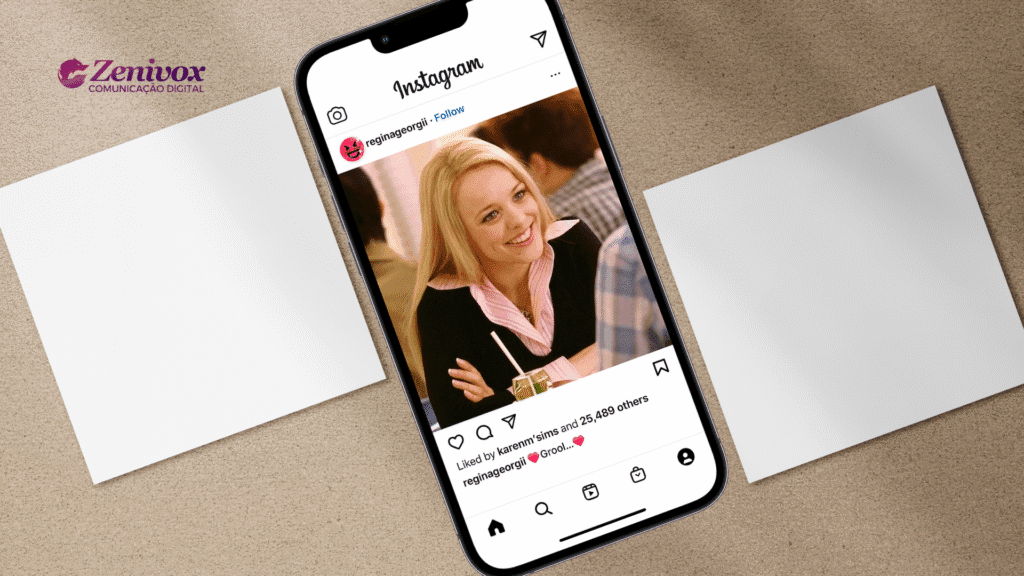 Imagem simulando o perfil de Instagram da personagem Regina George, de “Meninas Malvadas”, com post popular, cenário de cafeteria e expressão confiante. Representa tática de influência e engajamento de como conseguir seguidores no Instagram.