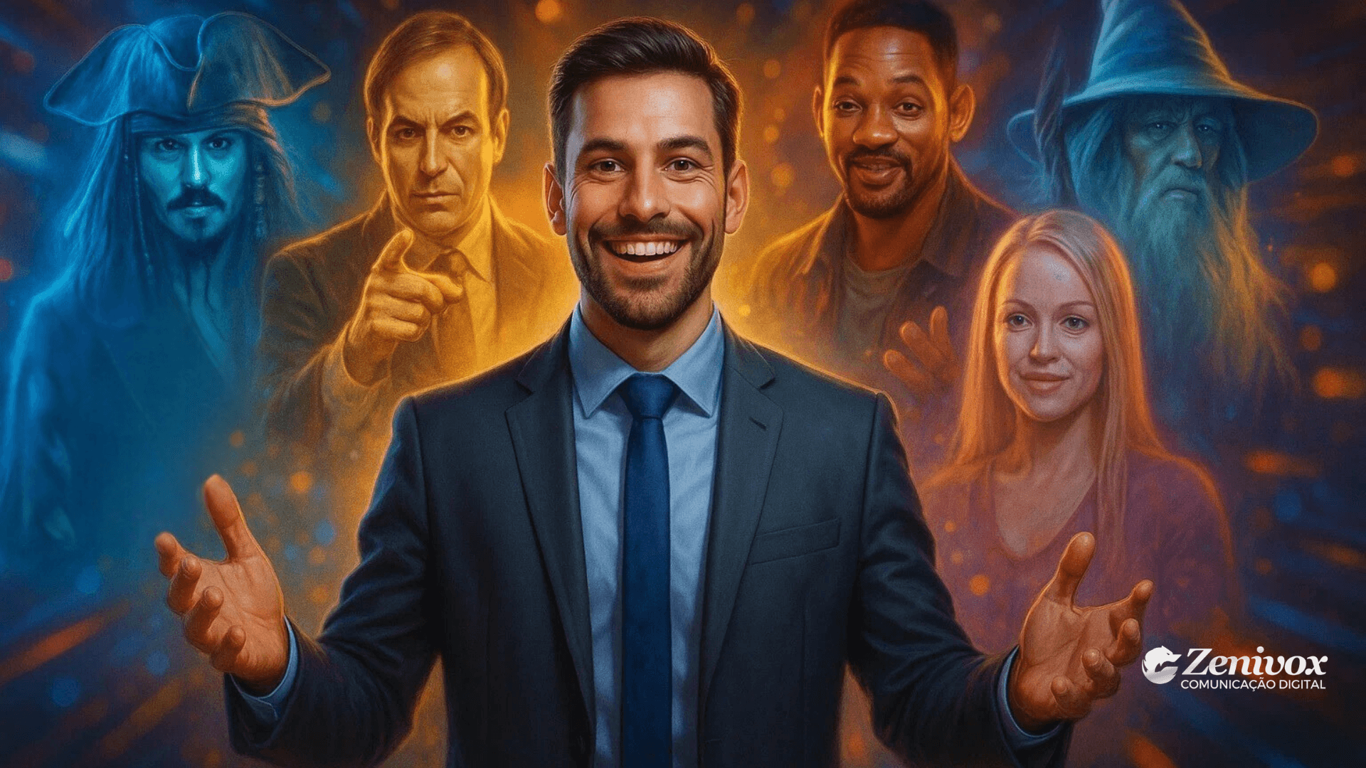 Como Ser Bom Vendedor, cercado por personagens famosos que representam estilos de vendas distintos: Jack Sparrow (à esquerda, com visual de pirata), Saul Goodman (com expressão séria e dedo apontado), Will Smith (com sorriso confiante), Regina George (com expressão persuasiva e cabelo loiro) e Gandalf (com expressão sábia e chapéu pontudo). Ao fundo, cores quentes e frias simbolizam diferentes abordagens e personalidades, simbolizando como ser bom vendedor. No canto inferior direito, o logotipo da Zenivox Comunicação Digital.
