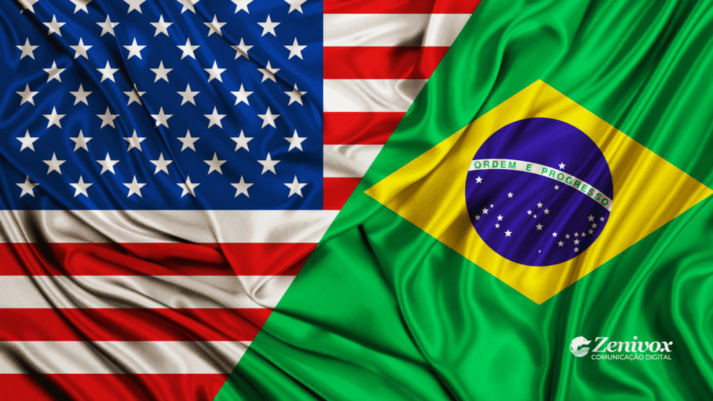 Imagem digital com efeito de tecido ondulado mostrando, à esquerda, a bandeira dos Estados Unidos e, à direita, a bandeira do Brasil. Ambas se encontram no centro da imagem, em diagonal, sugerindo uma relação direta entre os dois países, O Que é o Tarifaço do Trump?. No canto inferior direito está o logotipo da Zenivox Comunicação Digital.