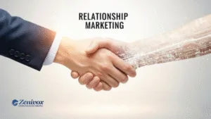 Aperto de mãos entre duas pessoas, simbolizando confiança e parceria no marketing de relacionamento, com um toque digital representado por circuitos tecnológicos.