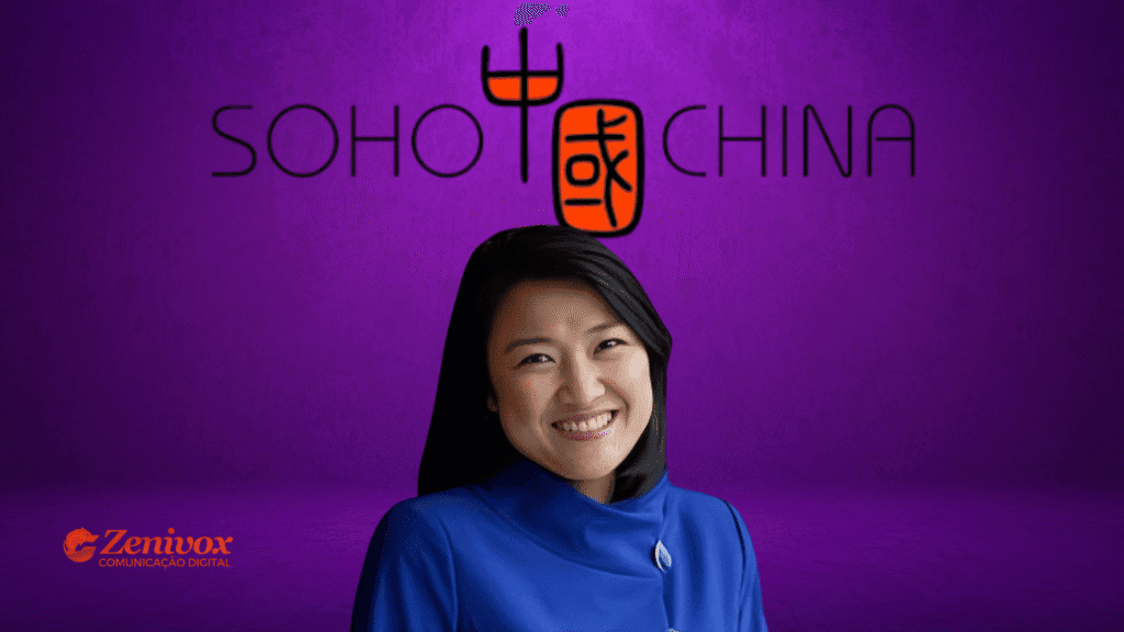 Mulher sorridente com expressão confiante em frente ao logotipo da SOHO China, com fundo em tons de roxo vibrante, simbolizando o empreendedorismo feminino . No canto inferior esquerdo, o logo da Zenivox Comunicação Digital.