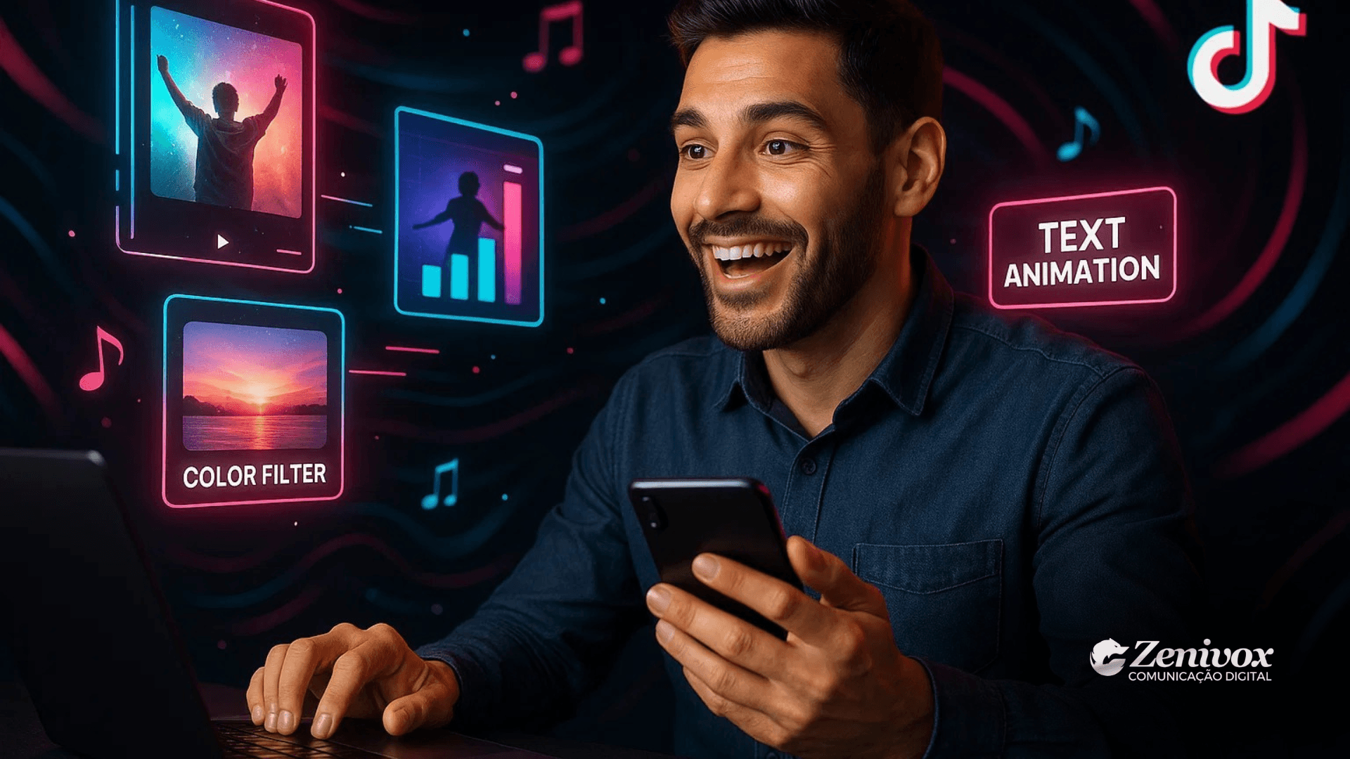 Homem jovem e sorridente segura um celular com uma das mãos e digita com a outra em um notebook, enquanto elementos gráficos ao seu redor representam recursos digitais. Entre os ícones, destacam-se funcionalidades como “COLOR FILTER”, gráficos de desempenho, “TEXT ANIMATION” e notas musicais, representando as ferramentas de IA do TikTok. O ambiente tem visual futurista, com fundo escuro e efeitos em neon. No canto inferior direito está o logotipo da Zenivox Comunicação Digital e o ícone do TikTok aparece no topo direito.