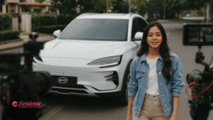 Jovem mulher vestida com roupa social casual em frente a um carro BYD branco, cercada por câmeras de filmagem em plena rua arborizada, como se estivesse gravando um comercial, simbolizando o marketing integrado à narrativa . A marca Zenivox aparece no canto inferior esquerdo da imagem.