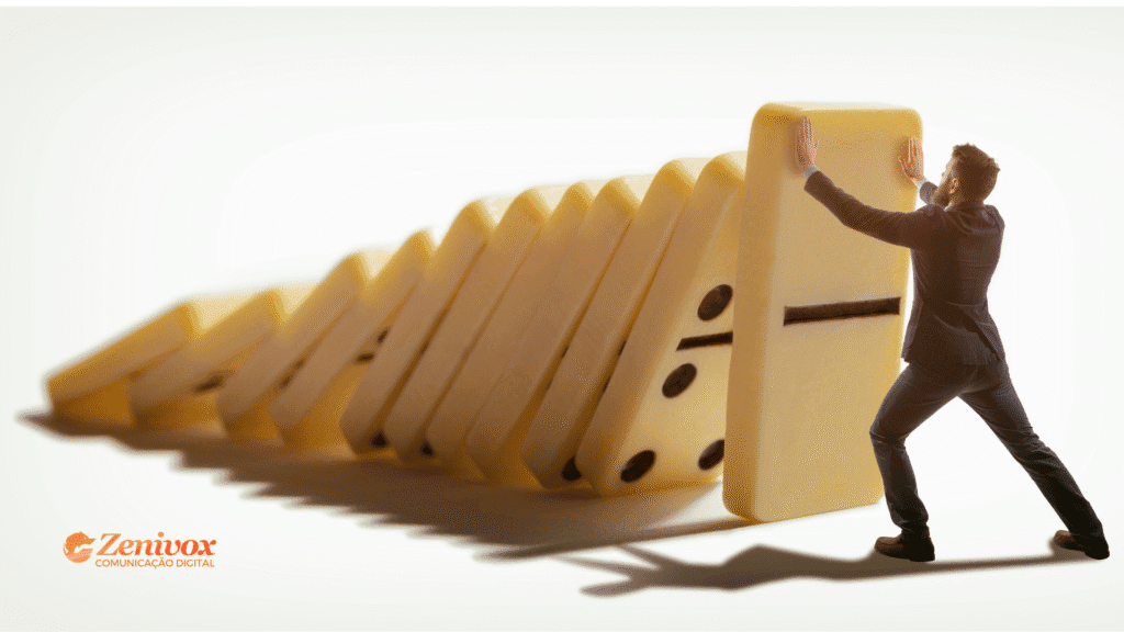 Homem de negócios empurrando uma grande peça de dominó para impedir que uma sequência de peças caia, simbolizando o esforço de conter uma crise. Ao fundo, peças já tombadas representam o efeito dominó de um problema mal gerido. A imagem representa visualmente o conceito de “Gestão de Crise” no mundo dos negócios. No canto inferior esquerdo, está o logotipo da Zenivox Comunicação Digital.