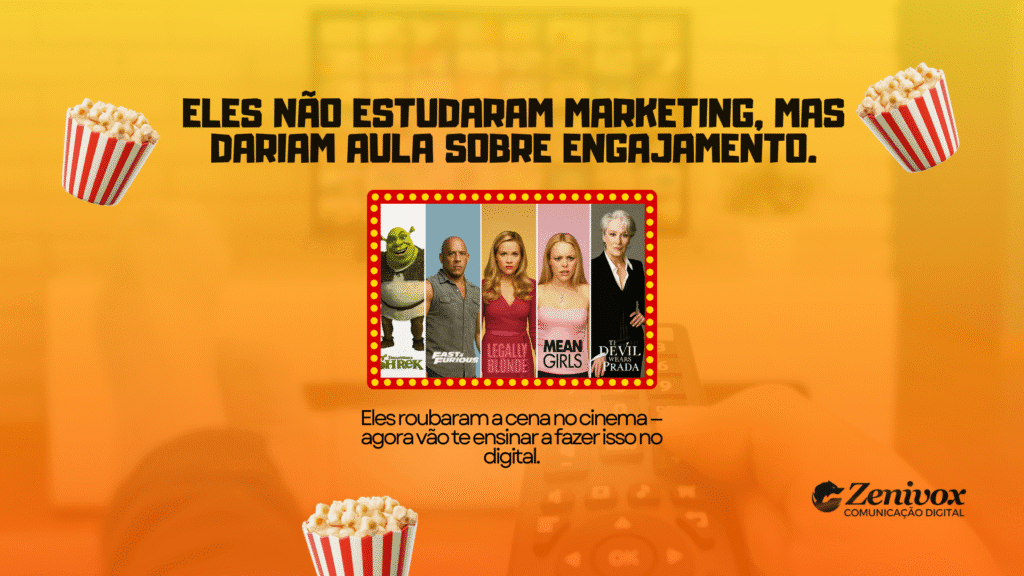 Personagens icônicos do cinema como Shrek, Dominic Toretto, Elle Woods, Regina George e Miranda Priestly com frase “Eles não estudaram marketing, mas dariam aula sobre engajamento” em fundo laranja com baldes de pipoca, representando estratégias de engajamento digital inspiradas em filmes ensinando como conseguir seguidores.