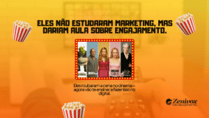 Personagens icônicos do cinema como Shrek, Dominic Toretto, Elle Woods, Regina George e Miranda Priestly com frase “Eles não estudaram marketing, mas dariam aula sobre engajamento” em fundo laranja com baldes de pipoca, representando estratégias de engajamento digital inspiradas em filmes ensinando como conseguir seguidores.