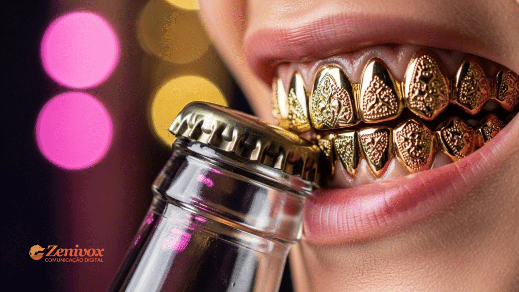 Boca usando grillz dourados ornamentados, abrindo uma garrafa com a tampa ainda presa, em frente a um fundo desfocado com luzes coloridas. Representando a solução criativa para negócios lucrativo da Kopparberg .