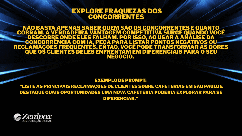 Análise da concorrência com IA, identificando fraquezas e reclamações dos clientes para criar diferenciais competitivos para pesquisa de mercado.