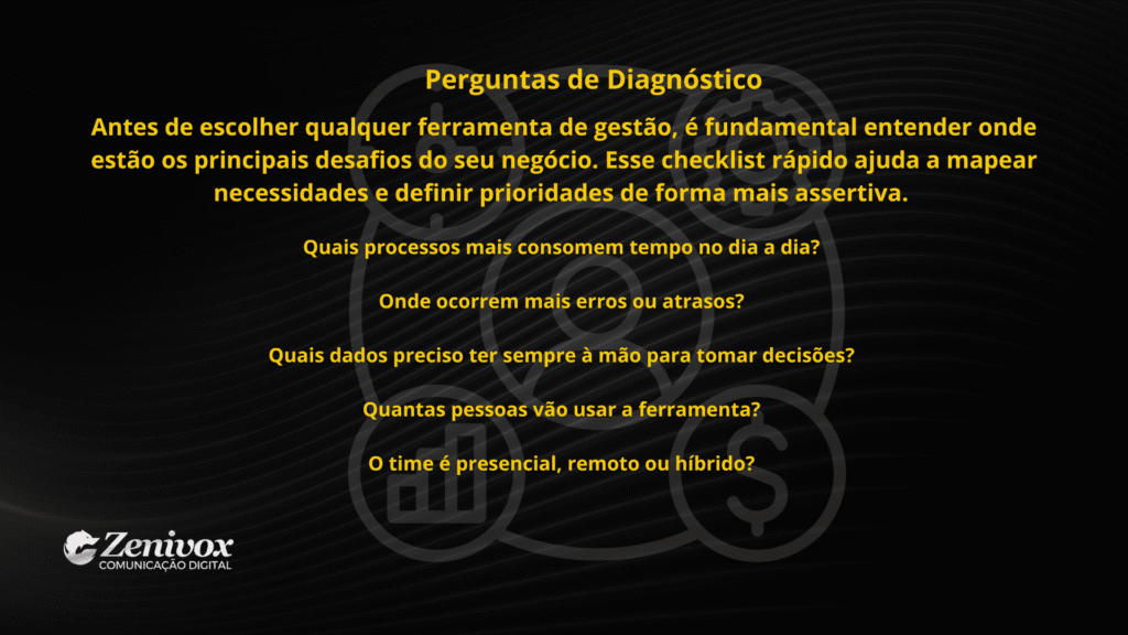 checklist de diagnóstico para escolher recursos de gerenciamento de pessoas, com perguntas sobre processos, erros, dados, número de usuários e modelo de trabalho.