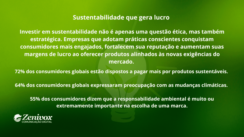 Arte informativa sobre empreendedorismo sustentável que gera lucro, destacando como práticas conscientes fortalecem reputação, aumentam margens e atraem consumidores engajados.