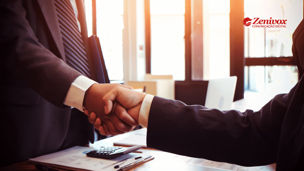 Aperto de mãos entre dois empresários em ambiente corporativo, simbolizando o fechamento de um acordo após superar objeções em vendas com sucesso.