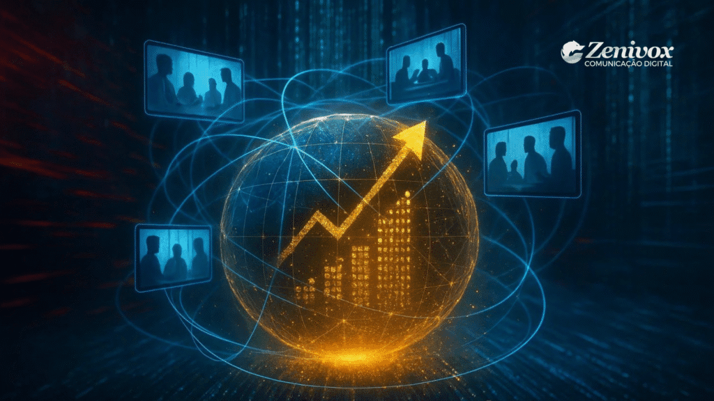 Representação visual de Inside Sales: um globo dourado iluminado com gráfico de crescimento ascendente, interconectado a telas digitais com equipes em reunião virtual, simbolizando vendas remotas, escalabilidade e integração global de times comerciais.