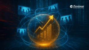 Representação visual de Inside Sales: um globo dourado iluminado com gráfico de crescimento ascendente, interconectado a telas digitais com equipes em reunião virtual, simbolizando vendas remotas, escalabilidade e integração global de times comerciais.