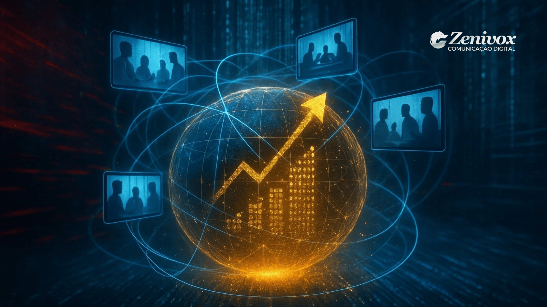 Representação visual de Inside Sales: um globo dourado iluminado com gráfico de crescimento ascendente, interconectado a telas digitais com equipes em reunião virtual, simbolizando vendas remotas, escalabilidade e integração global de times comerciais.