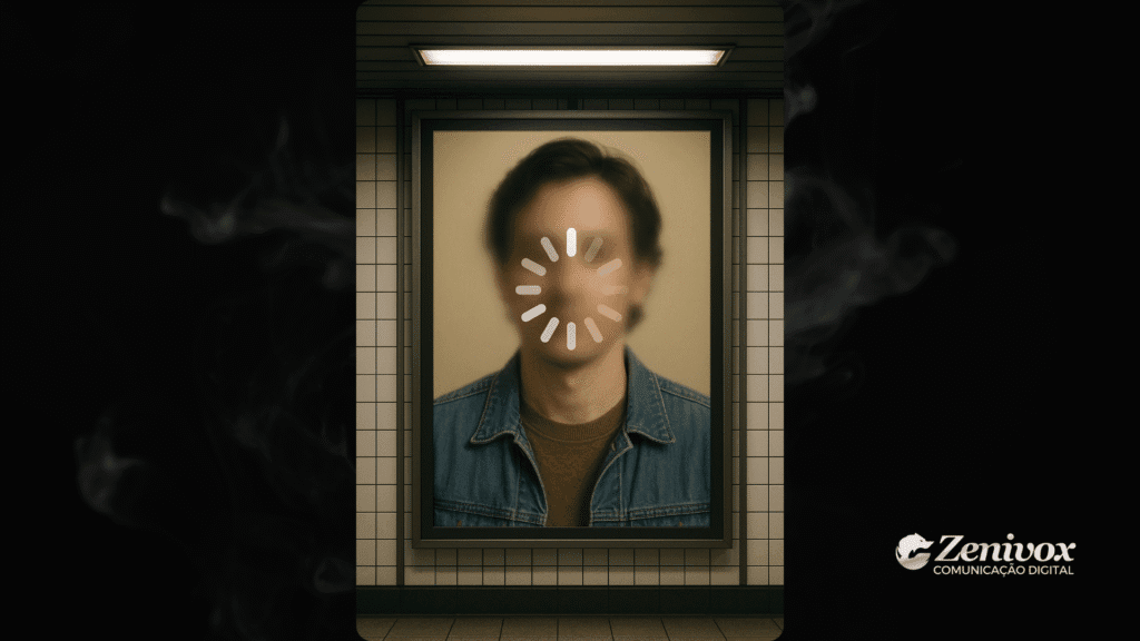 Retrato em estação de metrô mostrando rosto desfocado de uma pessoa com ícone de carregamento no centro, ação de marketing social da Alzheimerfonden, simbolizando perda de memória.
