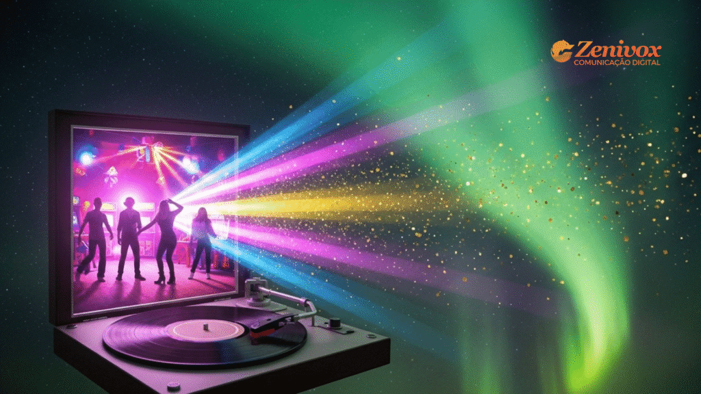 Marketing de Experiência: Transforme Clientes em Fãs – Uma vitrola se abre para um mundo de luzes e música, projetando cores vibrantes que simbolizam o poder de uma marca em criar experiências inesquecíveis.