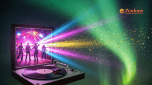 Marketing de Experiência: Transforme Clientes em Fãs – Uma vitrola se abre para um mundo de luzes e música, projetando cores vibrantes que simbolizam o poder de uma marca em criar experiências inesquecíveis.