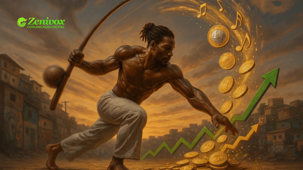 Homem negro forte em posição de capoeira, segurando um berimbau, com moedas douradas e notas musicais surgindo em espiral, formando um gráfico ascendente de crescimento econômico, em frente a uma favela ao pôr do sol, simbolizando o empreendedorismo cultural .