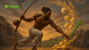 Homem negro forte em posição de capoeira, segurando um berimbau, com moedas douradas e notas musicais surgindo em espiral, formando um gráfico ascendente de crescimento econômico, em frente a uma favela ao pôr do sol, simbolizando o empreendedorismo cultural .