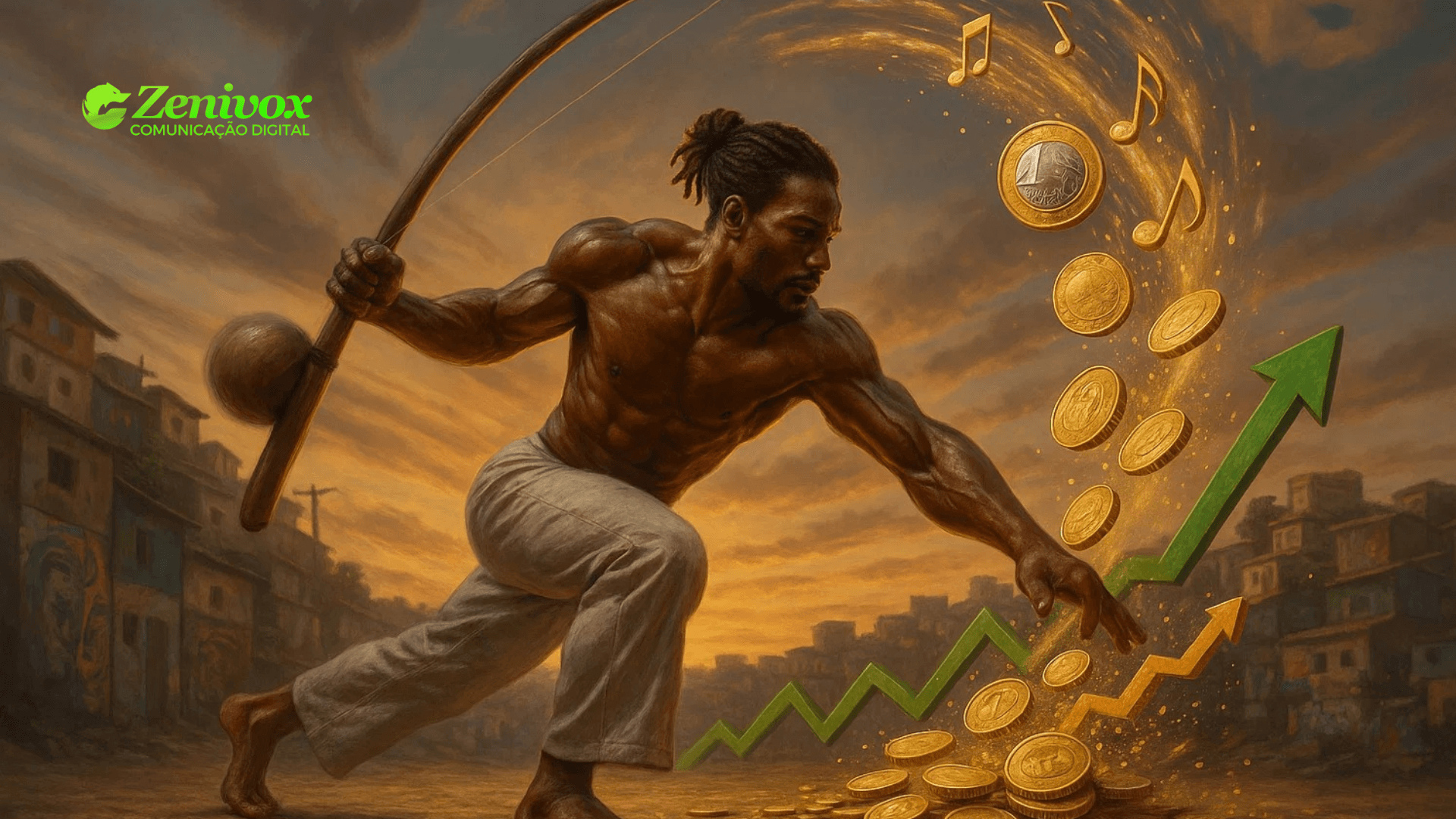Homem negro forte em posição de capoeira, segurando um berimbau, com moedas douradas e notas musicais surgindo em espiral, formando um gráfico ascendente de crescimento econômico, em frente a uma favela ao pôr do sol, simbolizando o empreendedorismo cultural .