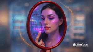 Mulher olhando em um espelho digital interativo da L’Oréal, escolhendo maquiagem virtualmente com tecnologia de realidade aumentada. Representando a experiência do cliente digital .