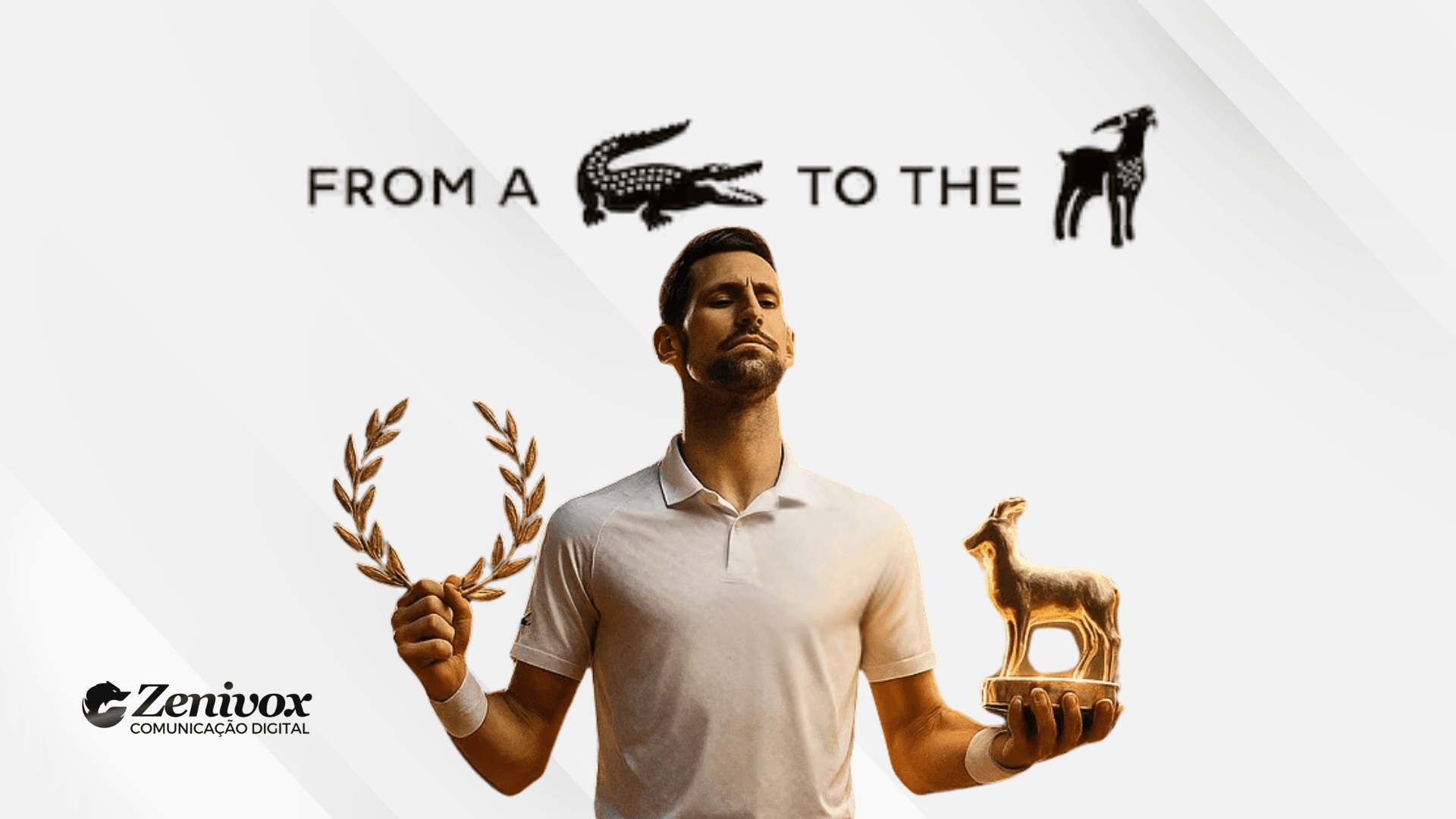Novak Djokovic em pose vitoriosa, vestido de branco, segura uma coroa de louros dourada em uma mão e uma estatueta dourada de cabra na outra. Acima, a frase “From a crocodile to the goat” reforça o rebranding ousado da Lacoste em homenagem a Djokovic.