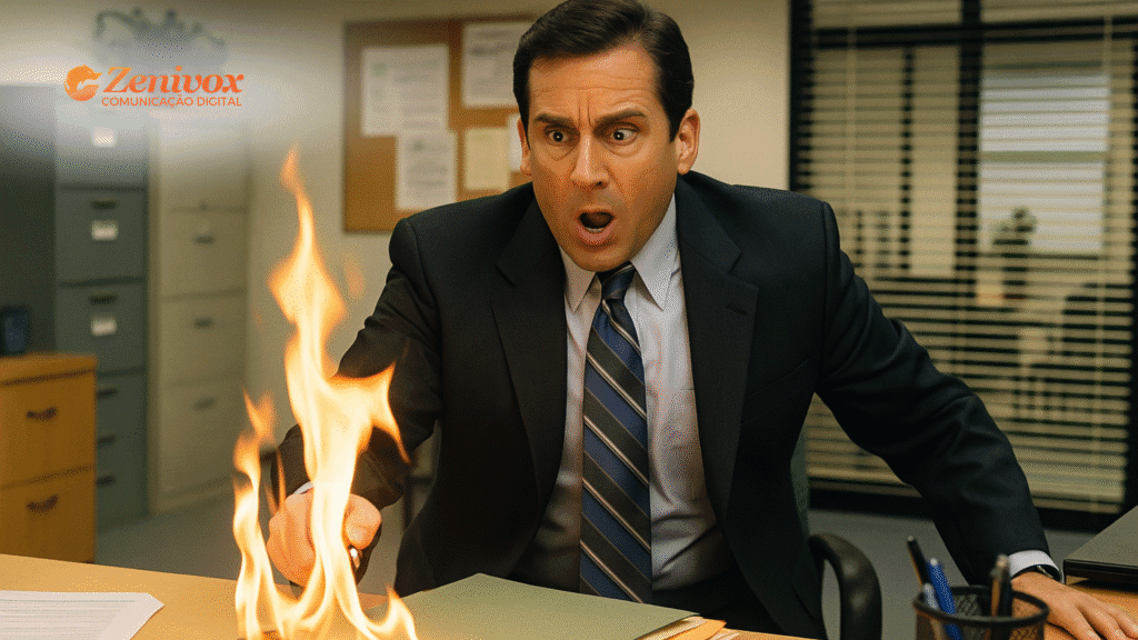 Michael Scott surpreso ao ver papéis pegando fogo sobre a mesa de escritório, simbolizando falhas na Gestão Administrativa