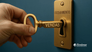 Mão segurando uma chave dourada com a palavra “Vendas”, inserida em uma fechadura dourada com a palavra “Fechamento” gravada, simbolizando a conclusão de negócios.