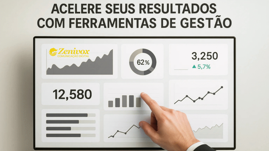 ferramentas de gestão mostrando gráficos de desempenho, métricas e indicadores de crescimento em uma tela interativa, com mão apontando para dados.