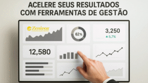 ferramentas de gestão mostrando gráficos de desempenho, métricas e indicadores de crescimento em uma tela interativa, com mão apontando para dados.