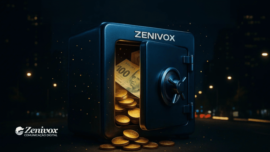 Cofre aberto com cédulas de 100 reais e moedas douradas transbordando, simbolizando crescimento financeiro com técnicas de vendas eficazes.