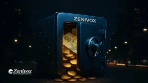 Cofre aberto com cédulas de 100 reais e moedas douradas transbordando, simbolizando crescimento financeiro com técnicas de vendas eficazes.