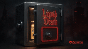 Cofre preto aberto com uma lata da marca Liquid Death no interior. Na porta do cofre, o nome “Liquid Death” aparece em vermelho neon, transmitindo exclusividade e mistério, remetendo ao gatilho de escassez.
