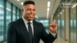 Ronaldo Nazário sorridente de terno escuro apontando o dedo indicador para cima em gesto de destaque, representando o conceito de "garoto propaganda" com confiança e carisma em ambiente corporativo moderno.