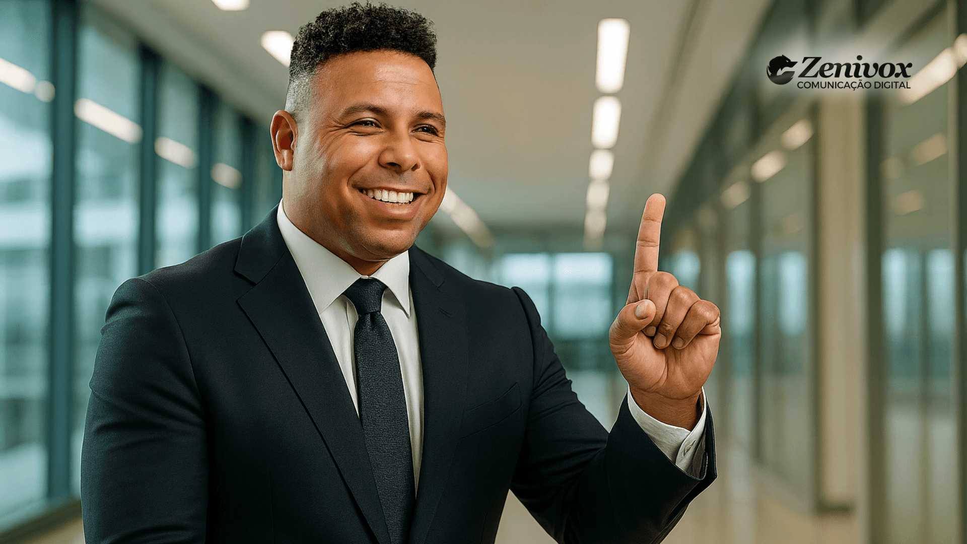 Ronaldo Nazário sorridente de terno escuro apontando o dedo indicador para cima em gesto de destaque, representando o conceito de "garoto propaganda" com confiança e carisma em ambiente corporativo moderno.
