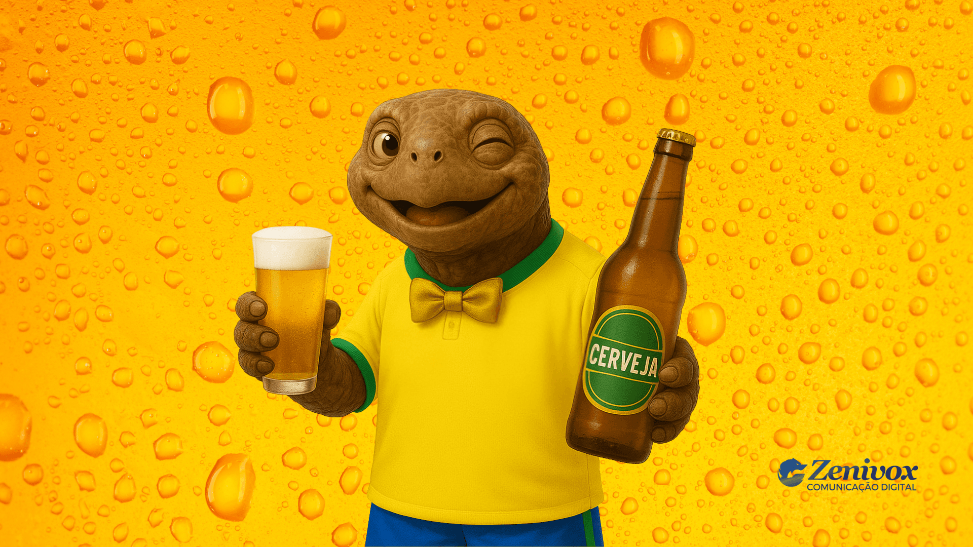 Tartaruga sorridente com camisa da seleção brasileira segurando um copo e uma garrafa de cerveja em fundo amarelo com gotas, representando as propagandas de cerveja.