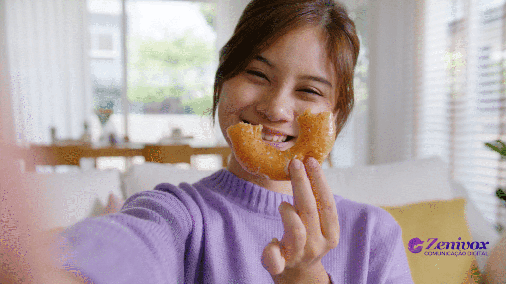Jovem sorridente, vestindo suéter roxo, segura um donut mordido em formato de sorriso enquanto tira uma selfie, transmitindo simpatia e conexão com o público, representando como vender nas redes sociais.