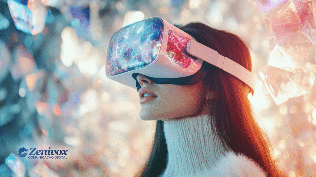 Mulher usando óculos de realidade virtual em ambiente futurista, representando a imersão e inovação da experiência do cliente digital.